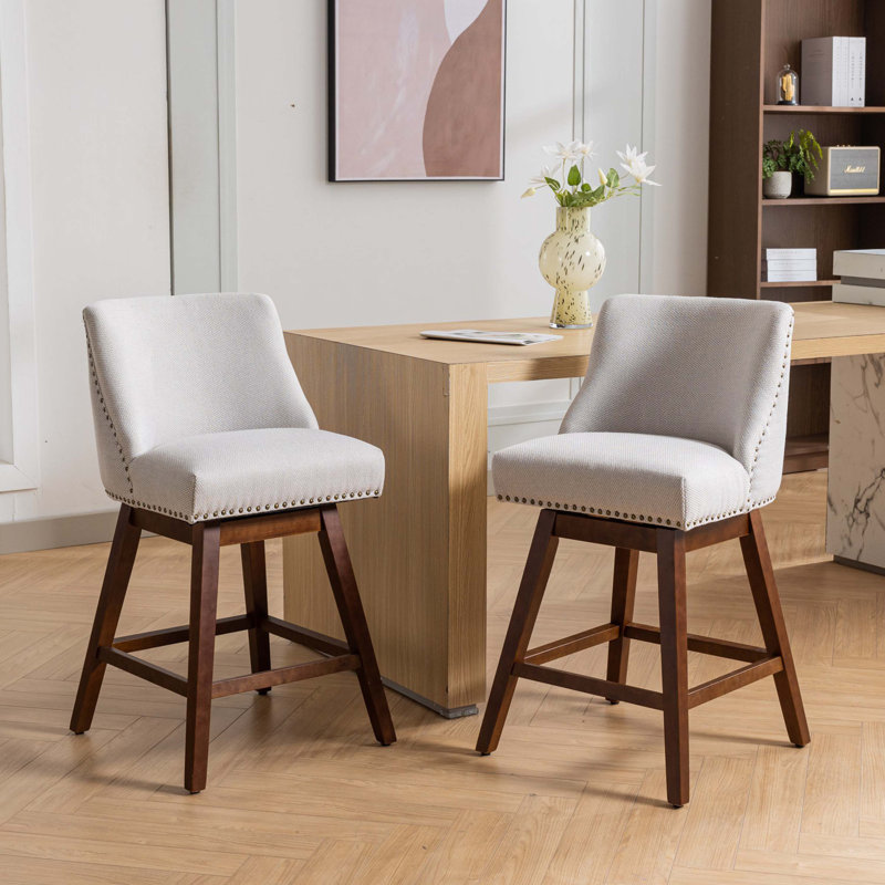 Beige Upholstered Swivel Counter Height Bar Stools with Wood Legs