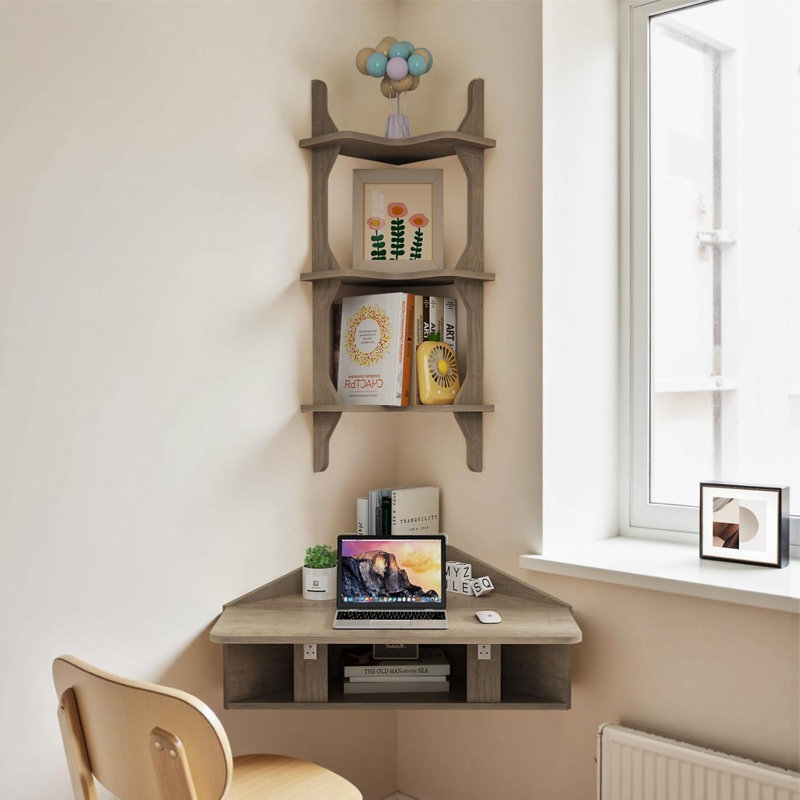 Gray Wall Mounted Fold Down Corner Desk & Shelf Set, Gray