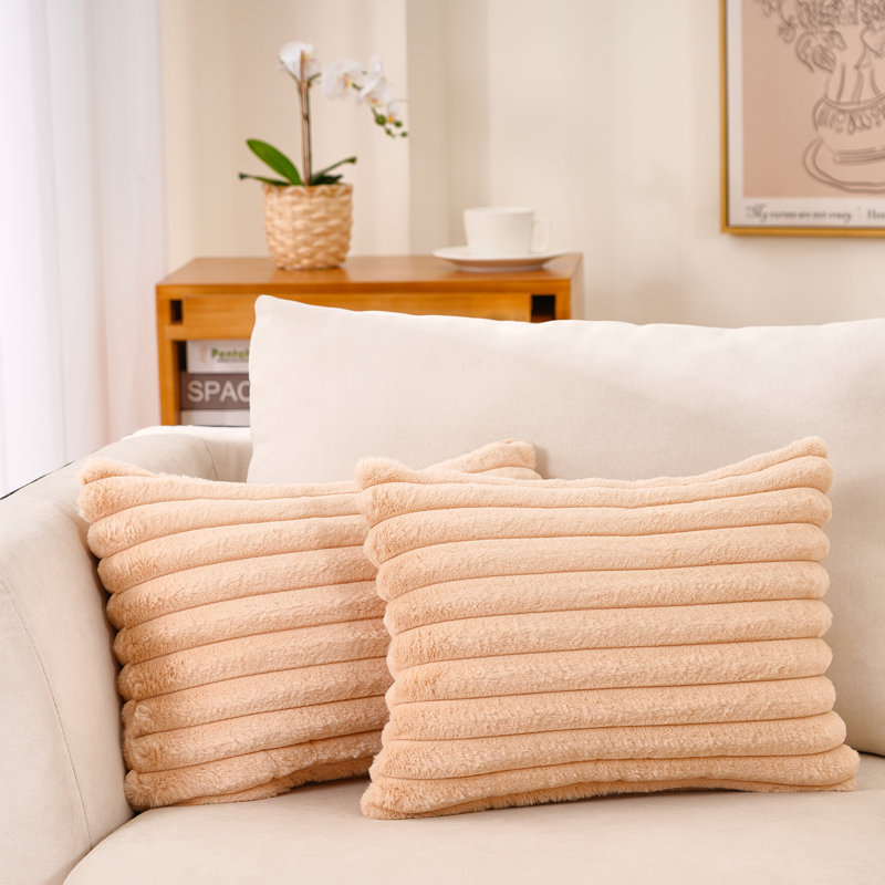 Striped Faux Fur Reversible Pillow Cover, Beige
