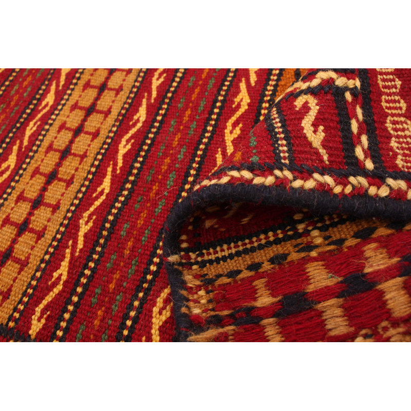 Tapis rouge / jaune en laine tissé à la main et à plat