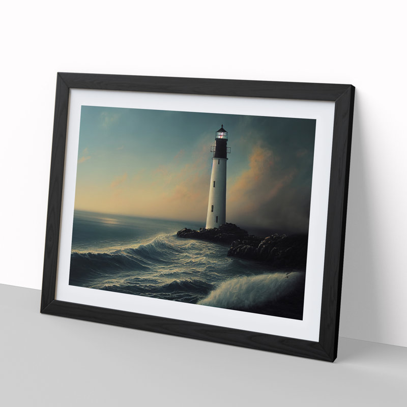 Shimmering Lighthouse Seascape - Single Picture Frame Painting, 46cm H x 64cm W x 2cm D, Black