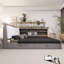 Lit plateforme gris en bois avec tête de lit, tablette et 2 tiroirs