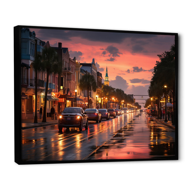 Charleston Beautiful Cityscape II - reproduction d'art sur toile, H 16 po x l 32 po x P 1 po, Cadre flottant noir