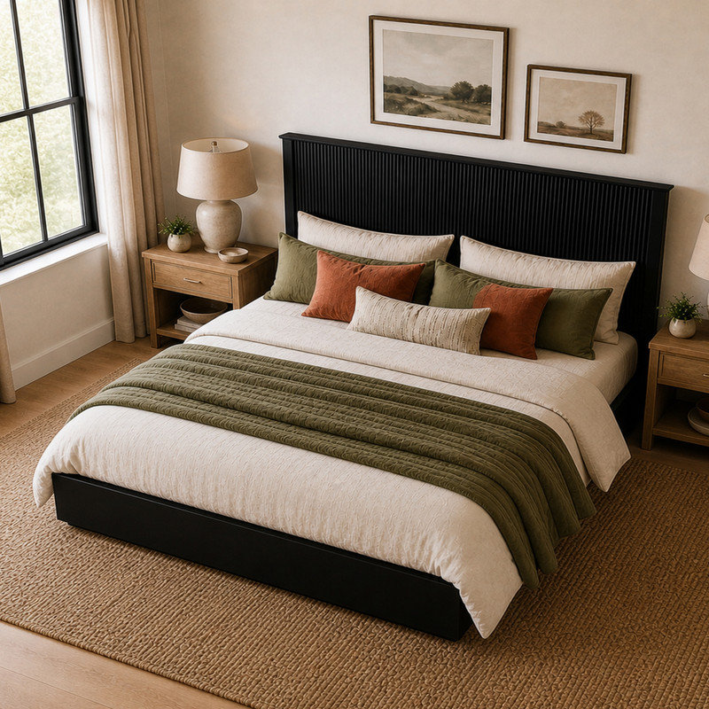 Modern Solid Wood Platform Bed Frame with Fluted Headboard, Black, King