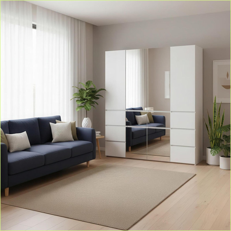 Système d'organisation modulaire avec miroir, 5 unités personnalisables | Blanc | Bois
