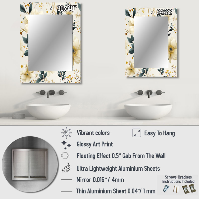 Anays Floral Vine Delight Serenity - miroir floral, miroir mural décoratif de campagne, impression d'art en métal