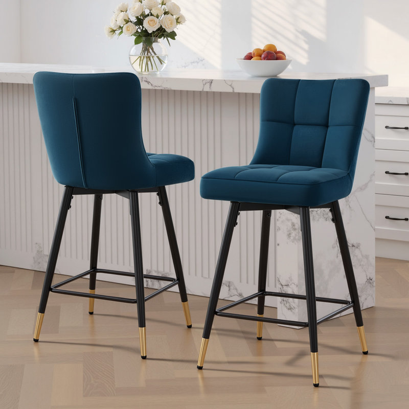 26"Swivel Upholstered Bar Stool, Velvet Blue
