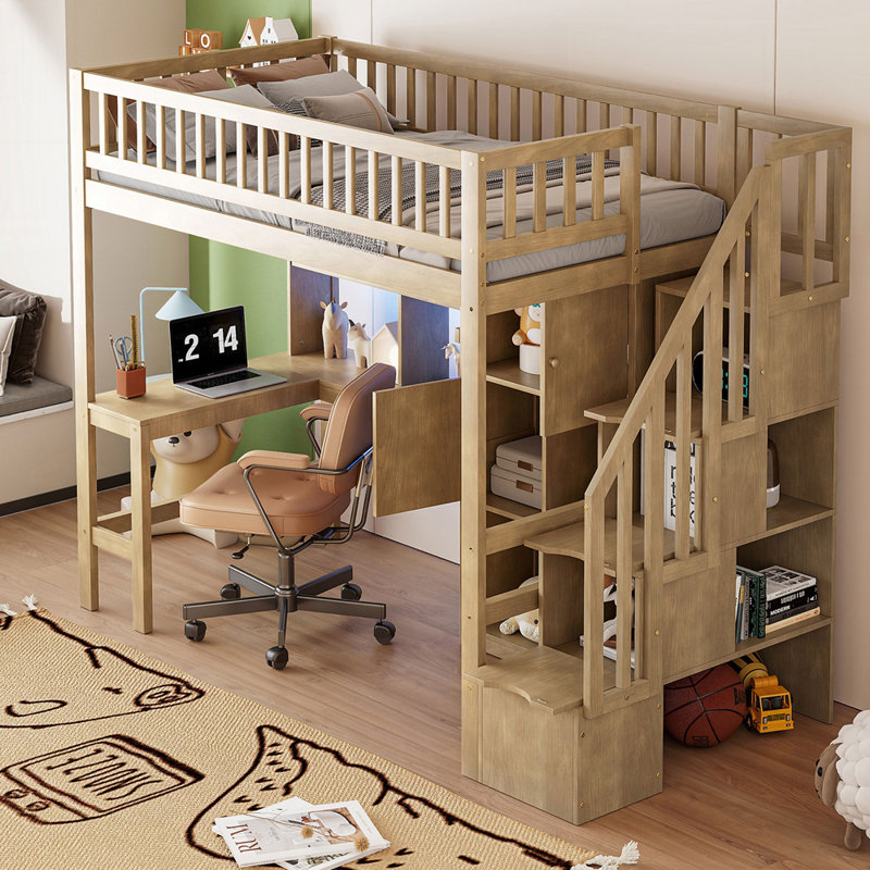 Lit superposé en bois de pin robuste avec éclairage à DEL en forme de L et beaucoup de rangement pour les chambres à coucher modernes