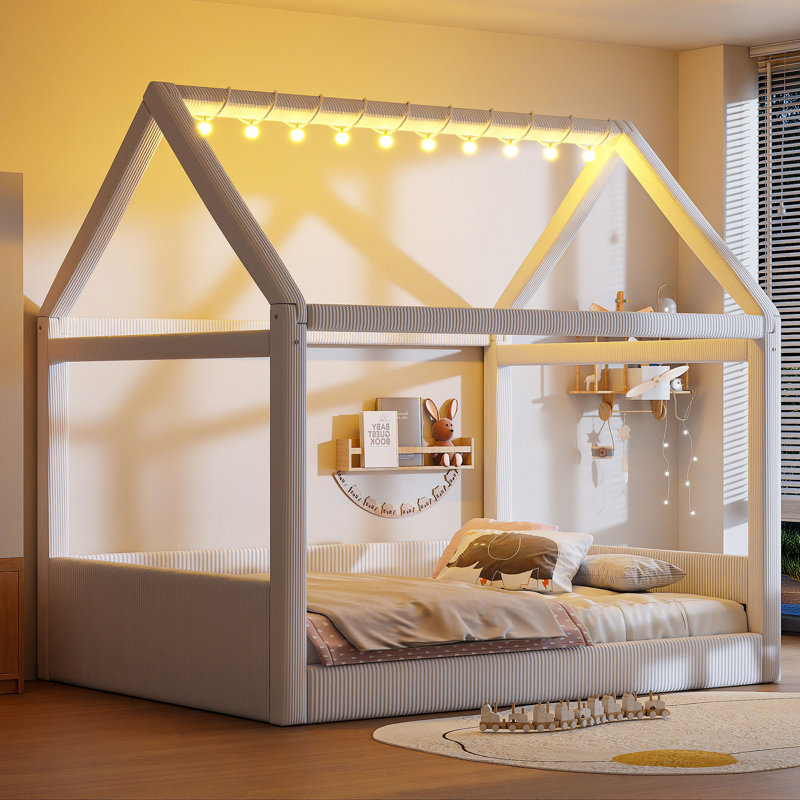 Full Size Upholstered House Daybed with LED Light Strips, Solid Wood Frame, Corduroy Fabric & Touch Switch Lighting, Beige