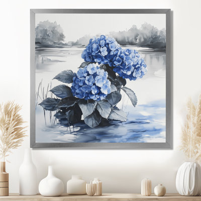 Hortensias au bord de la rivière en monochrome I - hydrangées, art mural