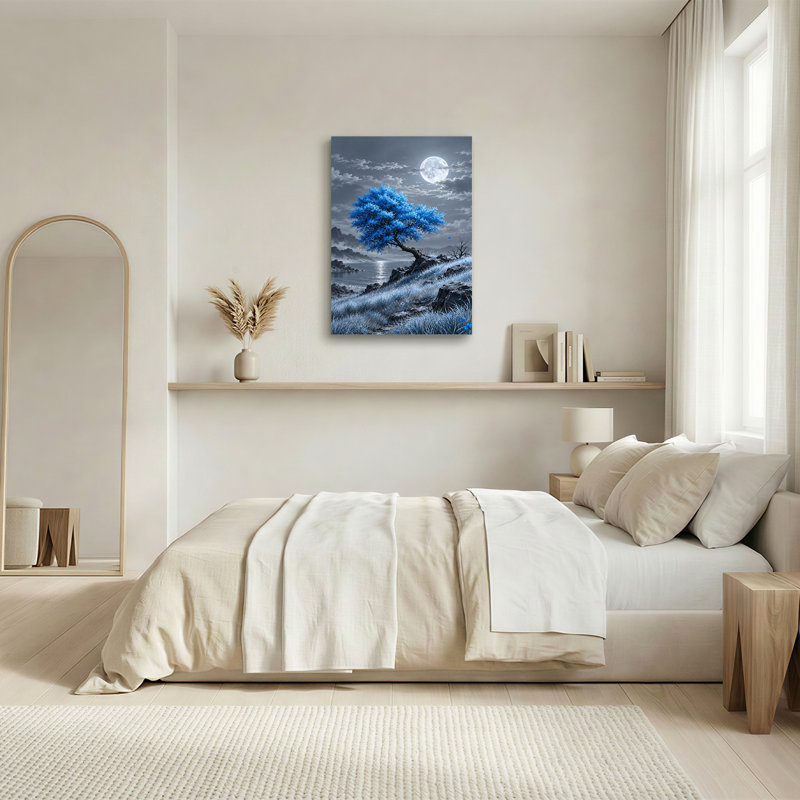 «Blue Tree On Rocky Shoreline Under Full Moon», art mural sur toile, H 30 po x l 20 po