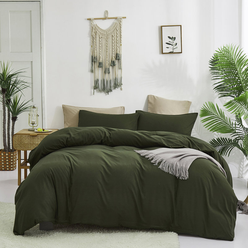 Solid Color Comforter Dark Color 3 PCs Bedding Set Deep Color Bed Comforter Set, Army Green