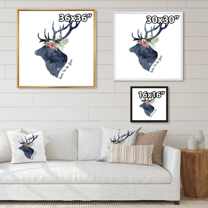«Botanical Deer Head Silhouette», reproduction d'art sur toile, H 16 po x l 16 po x P 1 po, Cadre flottant blanc