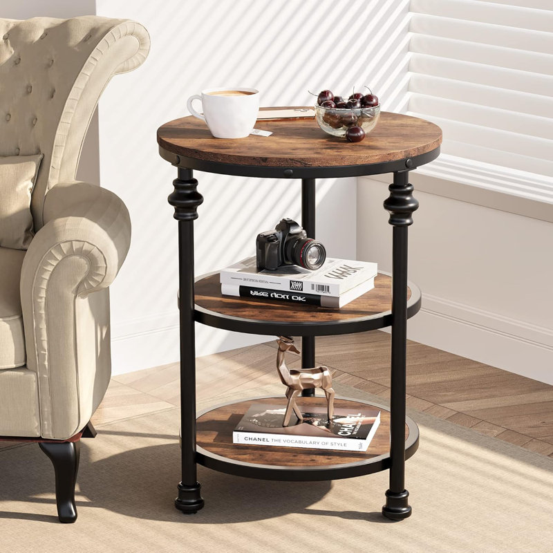 Round End Table, Small Side Table with 3 Shelves, Brown