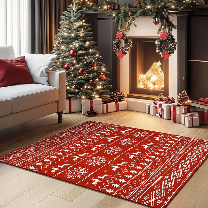 Tapis de Noël lavable et antidérapant à motif flocons de neige pour salon