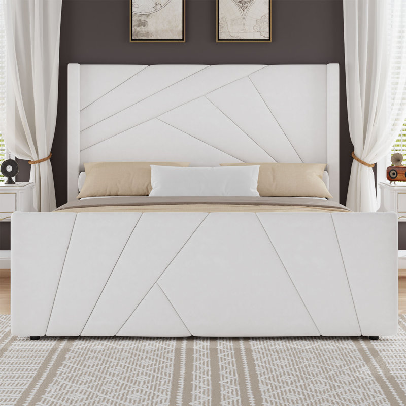 Wingback Design Velvet Upholstered Platform Bed with Geometric Tufted Headboard & Footboard, Cream, Full