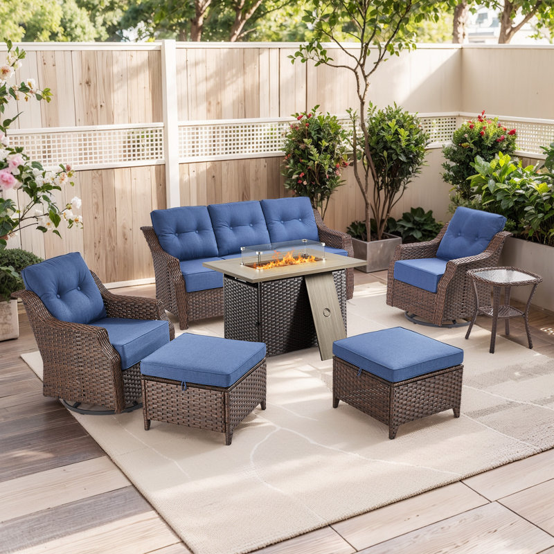 Elona 7-Piece All-Weather Outdoor Wicker Rectangle Fire Pit Conversation Set With Swivel Gliders, Ottomans And Side Table For Patio