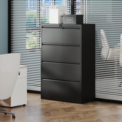 Classeur latéral à 4 tiroirs, classeur en métal robuste, classeur verrouillable d'une largeur de 35,4 pouces pour le bureau à domicile, rangement vertical peu encombrant avec verrouillage anti-basculement