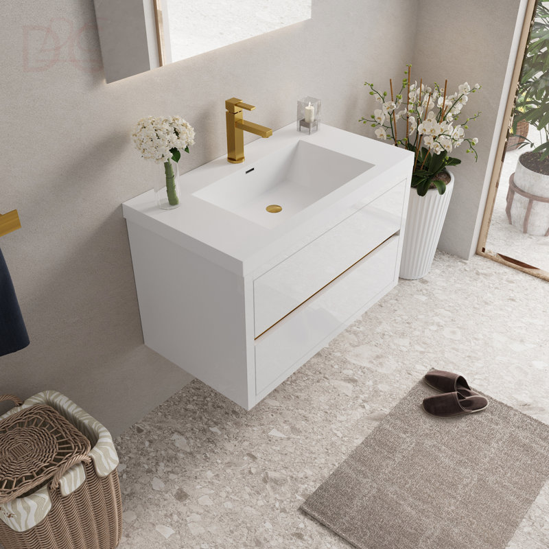 Meuble-lavabo mural 36 po avec lavabo, armoire de rangement flottante avec comptoir en résine de pierre et tiroirs à fermeture en douceur entièrement assemblés