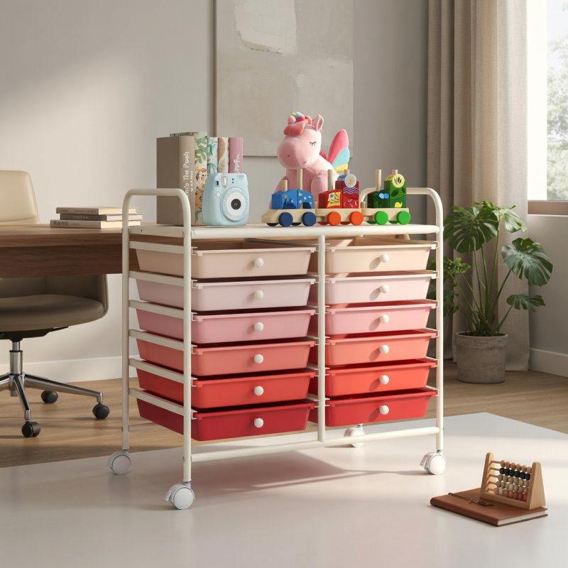 12-Drawer Rolling Storage Cart, Steel Frame with Plastic Drawers for Home, Office & Garage Organization, Beige/Gradient Pink