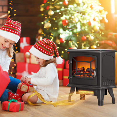 Poêle-cheminée électrique autoportant de 43 cm (17 pouces), 1400 W, 120 V - 60 Hz (norme américaine), interrupteurs marche/arrêt et chauffage avec bouton de thermostat réglable, effet flamme réaliste, chauffage d'appoint compact noir.