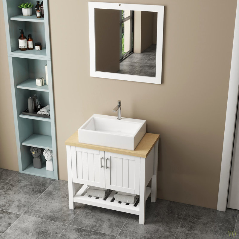 Meuble-lavabo 32 po avec lavabo, meuble-lavabo simple avec portes et tablette ouverte, petit meuble-lavabo en bois massif avec ensemble lavabo et miroir