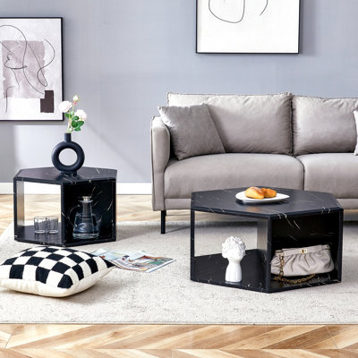 Modern Minimalist Black Hexagonal Coffee Table Set.Hexagonal MDF Coffee Table, Characteristic Pattern Stickers, Multi-Hole Design To Give More Storage Space.Two Coffee Tables Of Different Sizes.