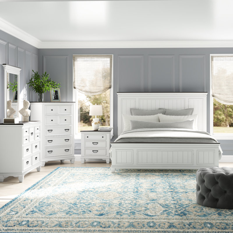 Ensemble de chambre à coucher en bois Semaj avec panneau Shiplap, Weathered White, Très grand