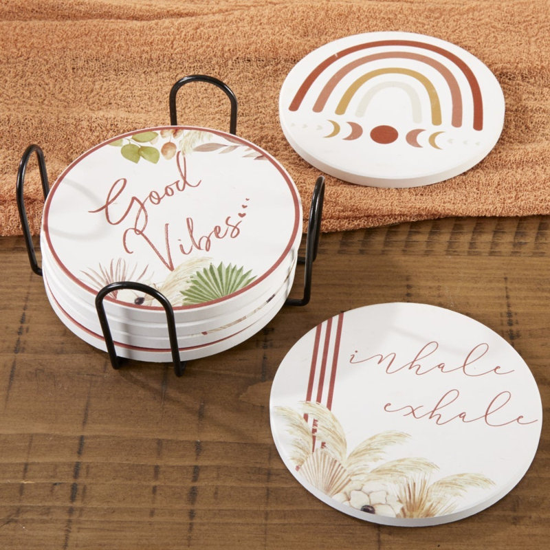 Boho Ceramic Round Coaster Set with Metal Holder, 4 Inches