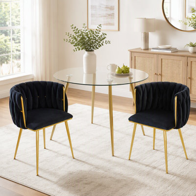 Ensemble de 2 chaises de salle à manger Modern Velvet, chaise de salle à manger rembourrée tissée avec pieds en métal doré