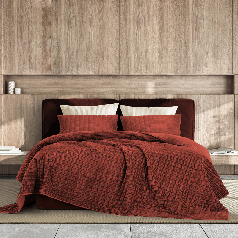 Ensemble de courtepointe réversible 3 pièces Wonderful Velvet, Courtepointe pour grand lit + 2 taies décoratives, Brun-roux