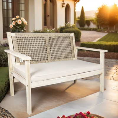 Avah Acacia Wood Patio Outdoor Loveseat Sofa With Beige Cushions