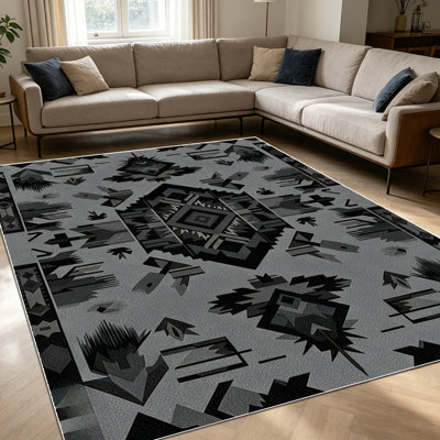 1PC Southwestern Aztec Geometric Monochrome Black Grey area rugs for Living Room, Soft and Comfortable, Suitable for all seasons, easy-to-maintain, machine washable Indoor floor mat, Under Table Farmhouse suitable for Dining Table, Entryway, Bedroom,
