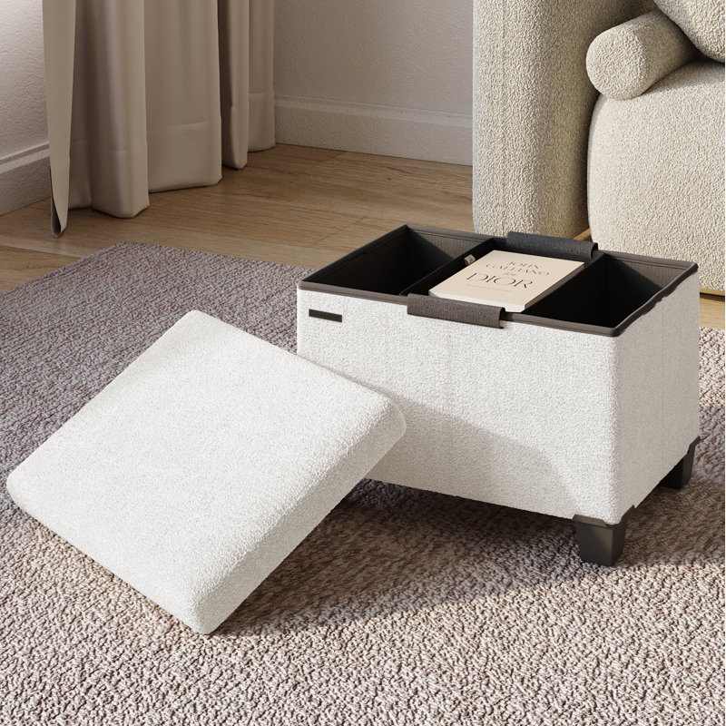 Vérrant Boucle Storage Ottoman Bench, White, 11.5"H x 16"W x 10.5"D