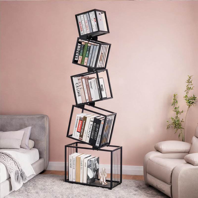 Bibliothèque de coin moderne à 5 niveaux avec rangement pour plancher étroit en fer noir mat