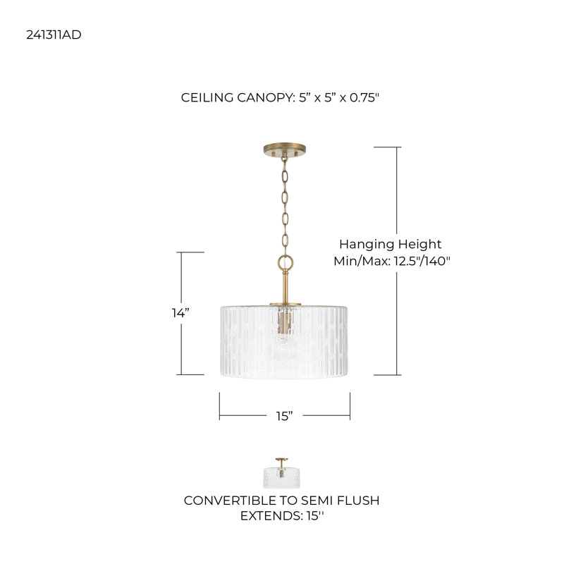 Emerson Aged Brass 1-Light Semi-Flush or Pendant with Embossed Seeded Glass