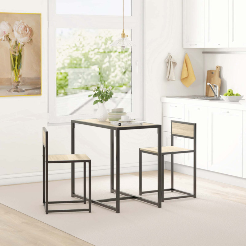 Oak and Black 3-Piece Industrial Dining Table Set with 2 Chairs