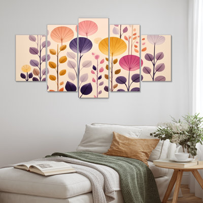 "Floral Landscape", jaune, mauve, art mural pour salon, 5 pièces
