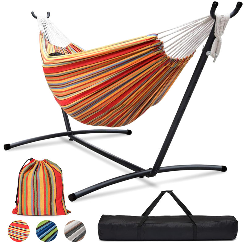  Double Canvas Hammock with Steel Stand with Storage Bag for Indoor/Outdoor Garden, Patio, Deck, Yard & Balcony, Blue, Red