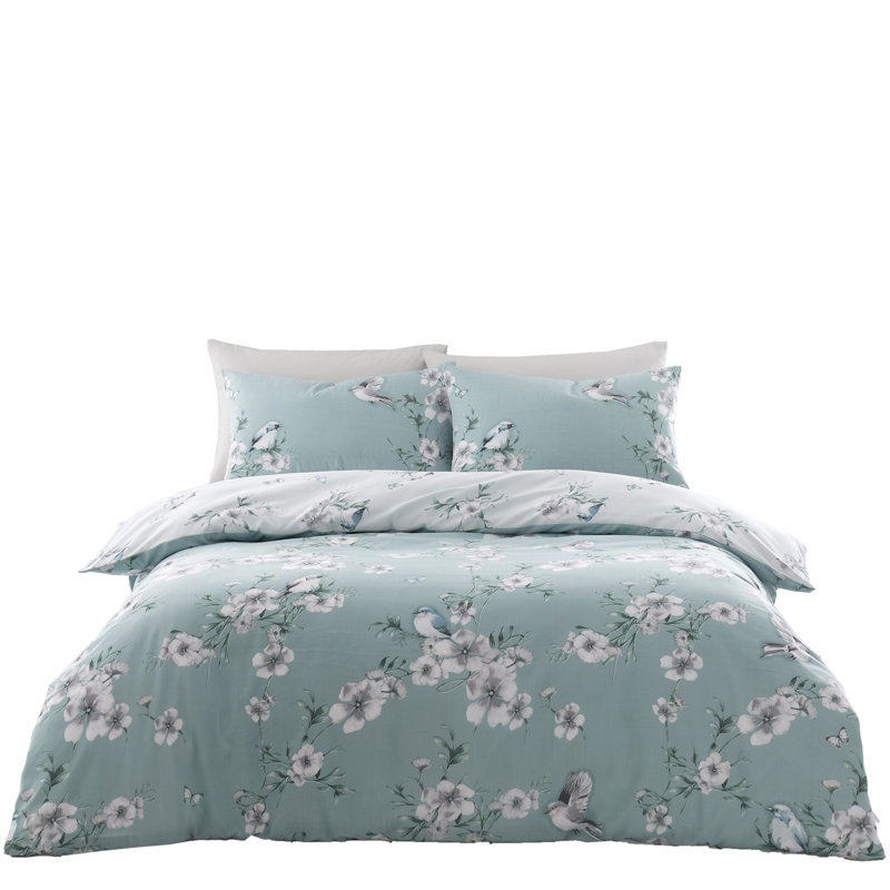 Birdie Blossom Duvet Cover and Pillowcases Set, Polycotton, Machine Washable, Soft Yarn Bedding, Duck Egg, Double