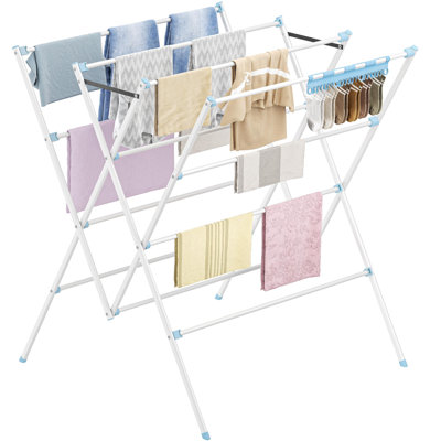 Drying Rack Clothing, Large 12 Drying Poles with Sock Clips Clothes Drying Rack, Foldable Portable Laundry Drying Rack, (Blue)