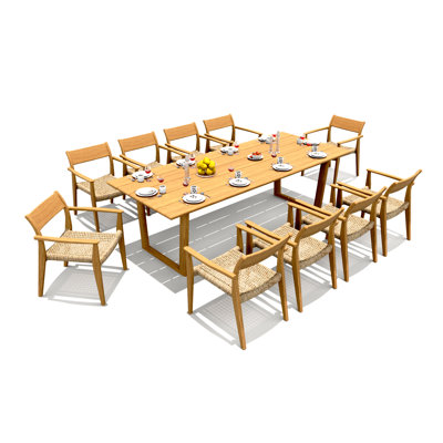 6 Seats 7 Pcs Grade-A Teak Wood Dining Set: 98" Sema Rectangle Table And 6 Amilo Stacking Arm Chairs #11AM3206