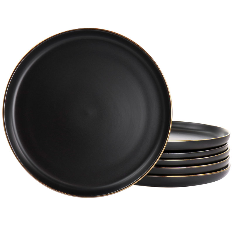 Elama Arthur 6 Piece Stoneware Dinner Plate Set In Bronze Rim, Matte Black