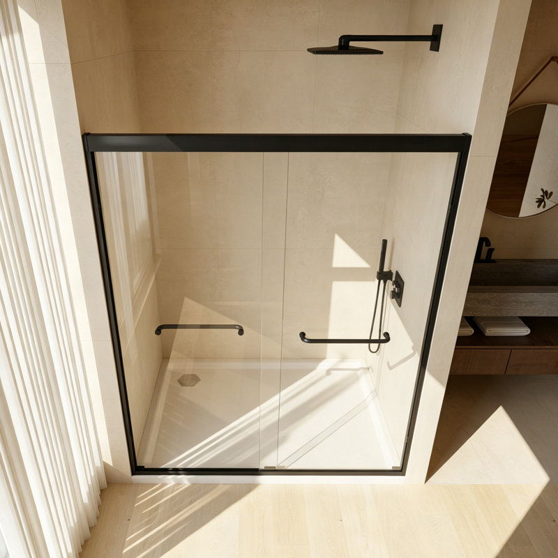 Porte de douche coulissante double Conrad avec cadre en aluminium et pellicule anti-explosion, 50"-54"