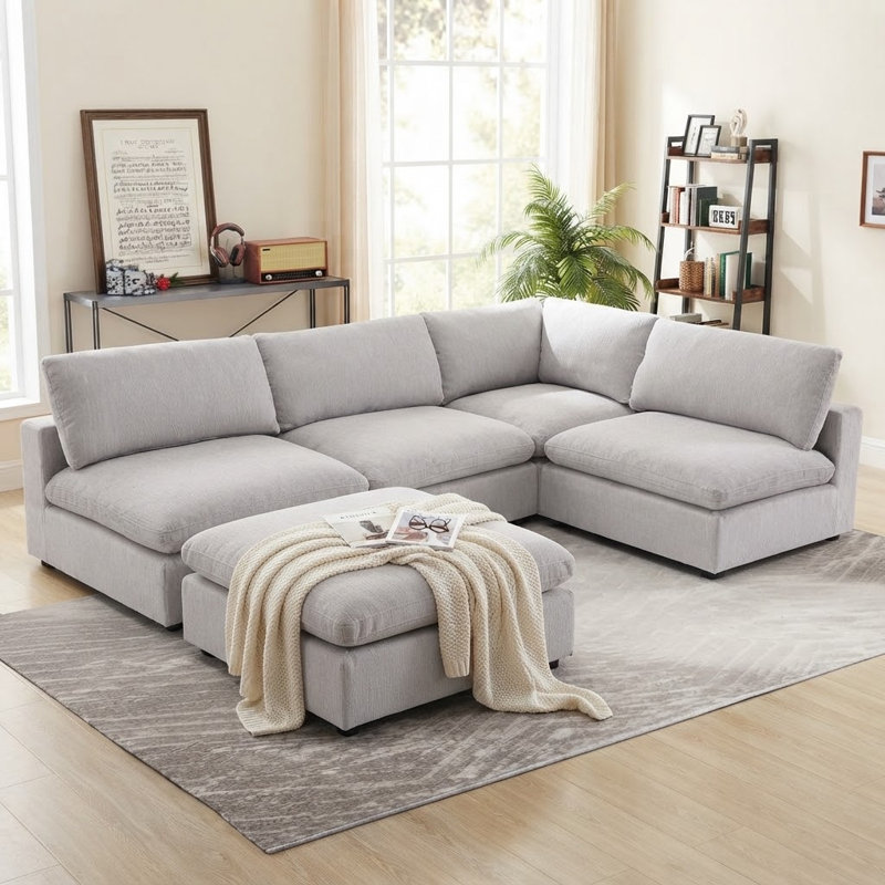 Canapé modulaire rembourré 5 pièces avec repose-pieds Nuccio, Gris clair