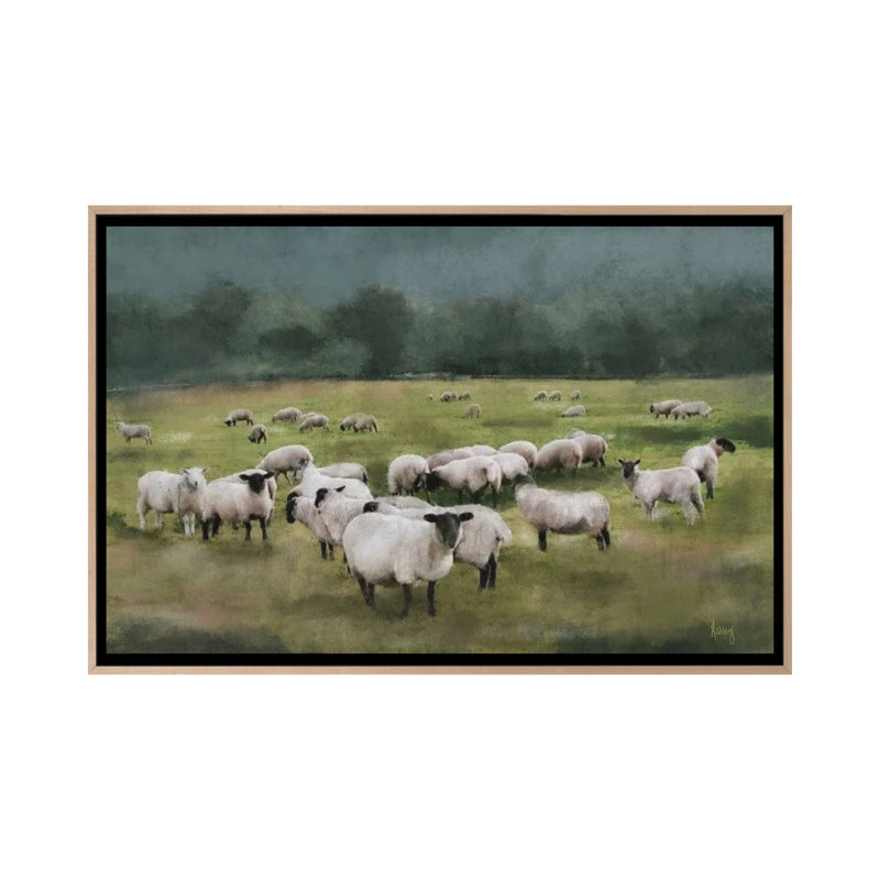 Moody Sheepscape, No Mat, 26" H x 40" W x 1.5" D, Natural Wood Floater Framed Canvas