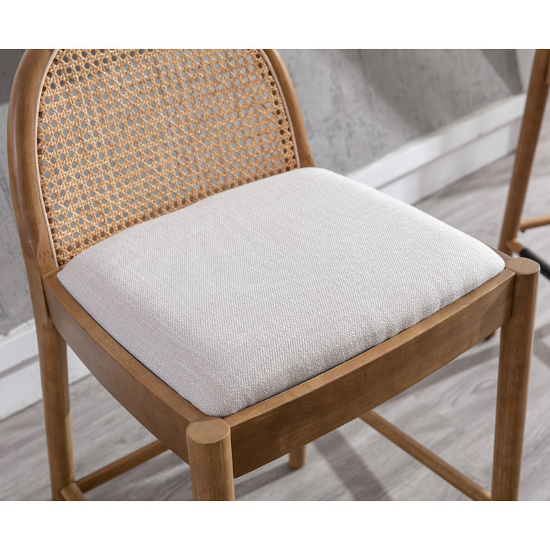 Beige 30-Inch Wood Bar Stools with Rattan Backrest, Set of 2