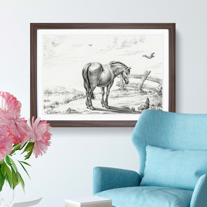 Horse in a Meadow by Jean Bernard - Picture Frame Drawing Print, Walnut Framed, 48cm H x 65cm W x 2cm D