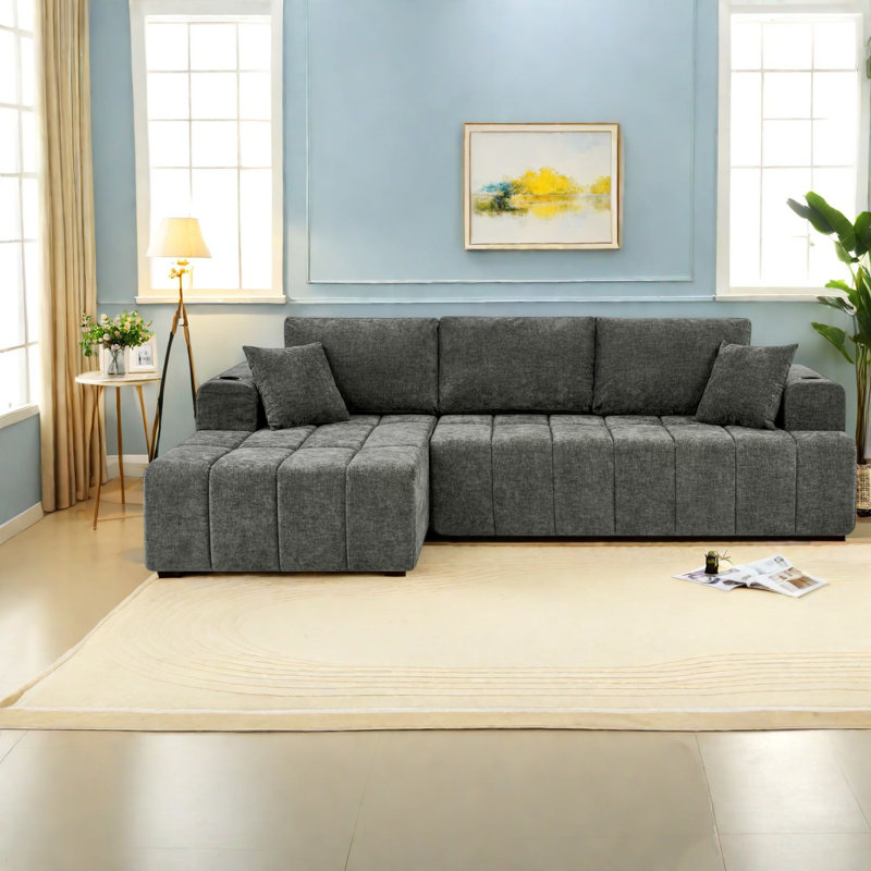 Canapé d'angle à compression, canapé d'angle en chenille de 274 cm avec méridienne, gris foncé, Gris 2