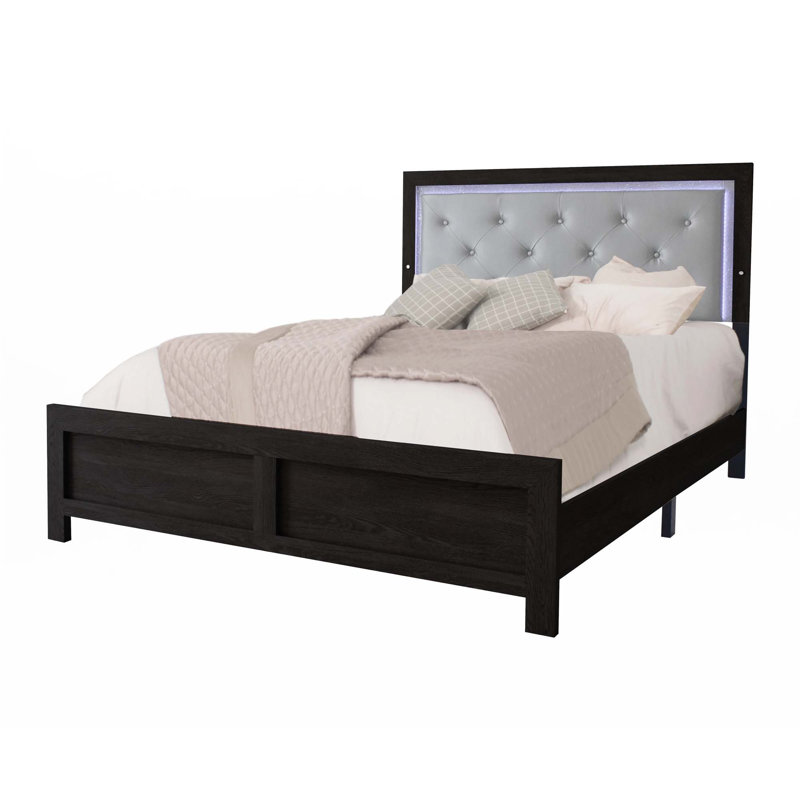 1Pc Modern  Panel Bed With Headboard Lighting(Only Bed), Black/Gray, King